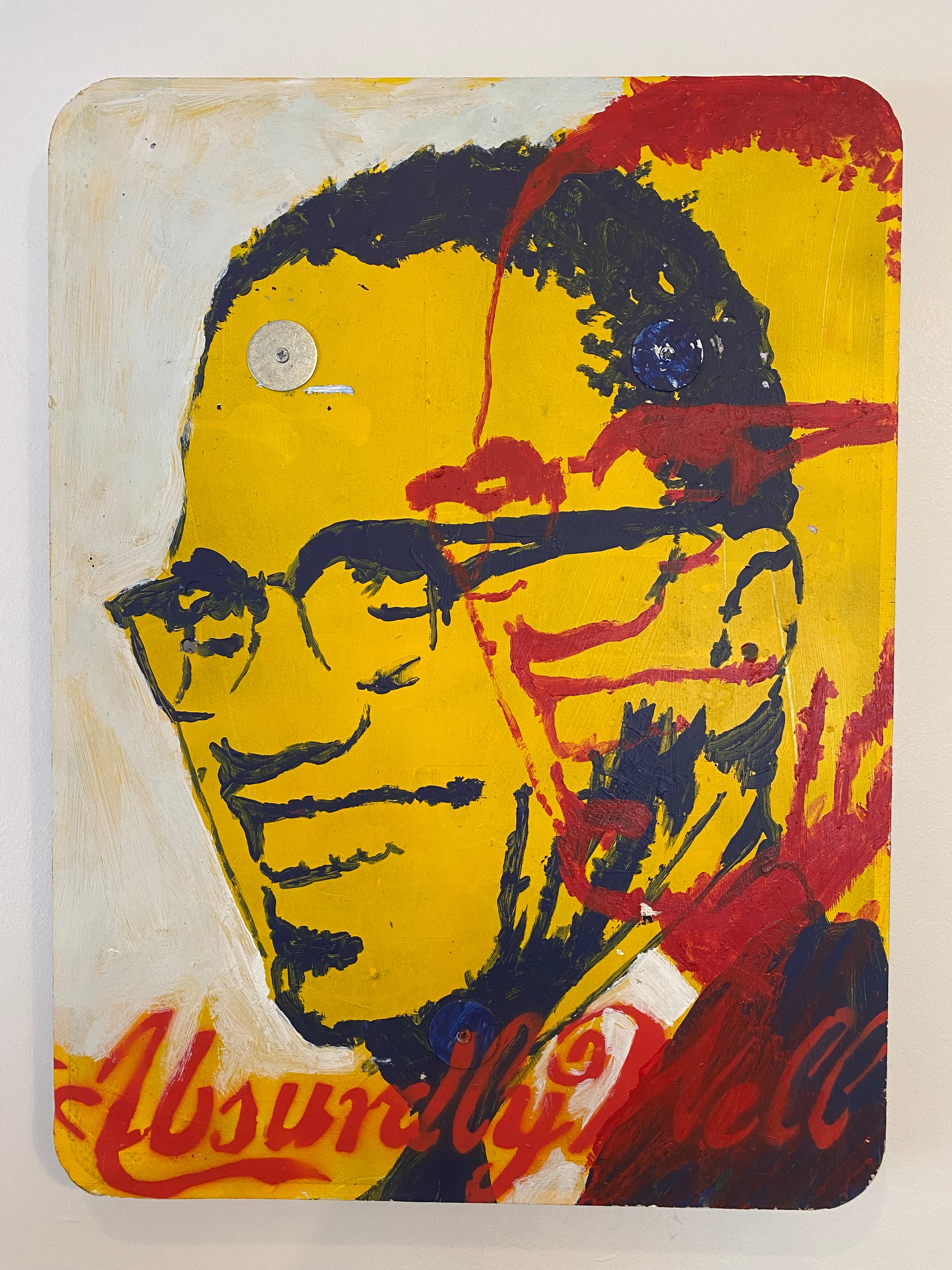 “Red & Blue Malcolm” – 24”x18” Pop Art Portrait on Found Object